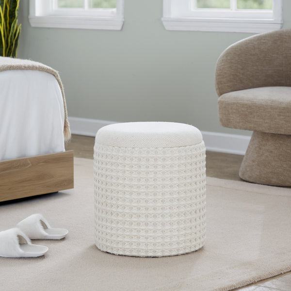 English Elm Wood Lidded Storage Ottoman Handwoven Wool Artisan Texture for Bohemian Living Spaces Ivory B202P471522