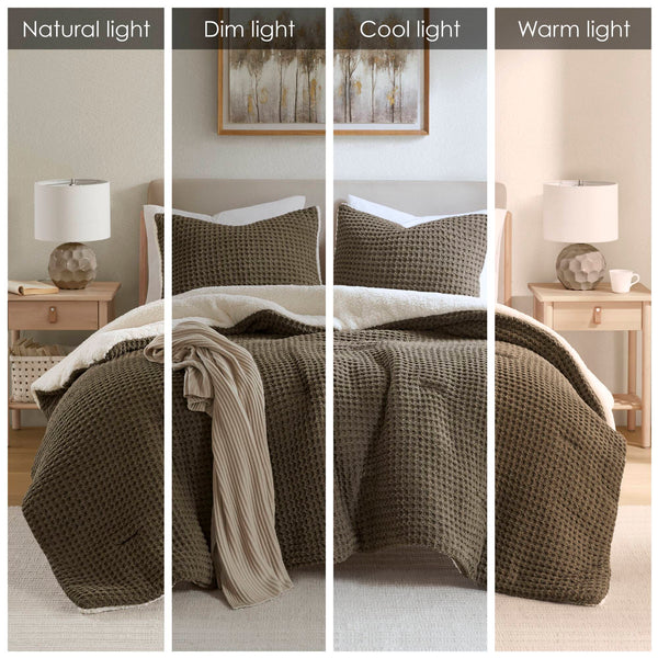 English Elm Waffle Soft Chenille Comforter Set Twin with Ivory Sherpa Reverse, Hypoallergenic Down-Alternative Fill Brown 21.26 L x 21.26 W x 15.35 H B035P294136