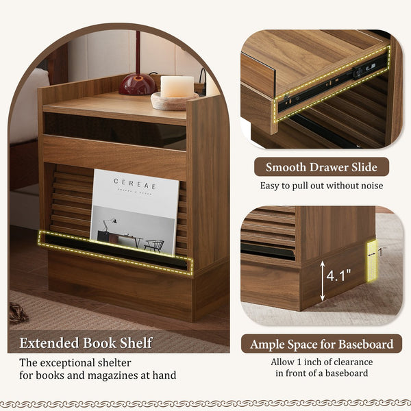English Elm Christopher Knight Home® - Mid Mid Century Modern Nightstand with USB Charging Station, LED App-Control Lights, 2 Drawers, Sleek Design Brown 22.24 L x 18.7 W x 7.09 H N761P255453Z