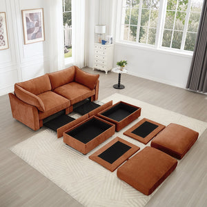 English Elm 2 Seater Sofa With Footrest, Movable Ottomans & Hidden Storage - Stylish Chenille For Small Spaces W3041S00204
