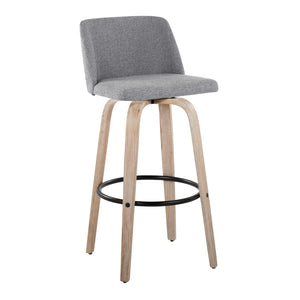 English Elm Mid-century Modern Swivel Barstools with Bentwood Legs and Grey Upholstered Seats Set B202S00667