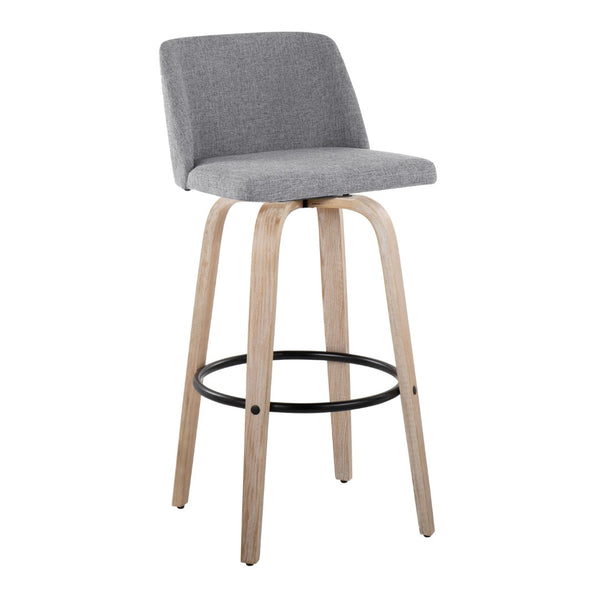 English Elm Mid-century Modern Swivel Barstools with Bentwood Legs and Grey Upholstered Seats Set B202S00667