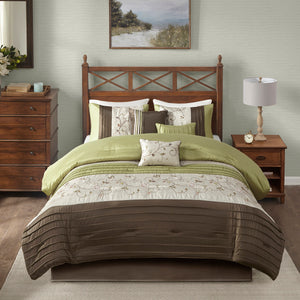 English Elm Embroidered 7-Piece King Comforter Set In Green, Chocolate & Taupe - Luxurious Floral Design & Pillows B03597124