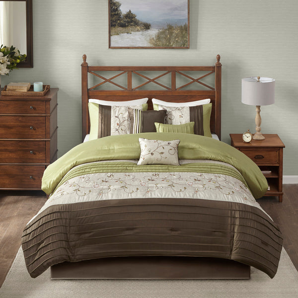 English Elm Embroidered 7-Piece King Comforter Set In Green, Chocolate & Taupe - Luxurious Floral Design & Pillows B03597124