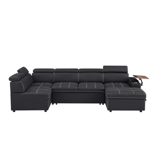 English Elm Black Fabric Sectional Sofa Bed with Storage Ottoman, Pocket Spring Seats, Solid Wood Frame, Modern Durable Design W588S00075