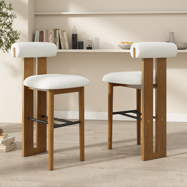 English Elm Christopher Knight Home® - Renee Mid-Height Upholstered Barstool with Cloud-Top Backrest and Stain-Resistant Fabric, Set of 2 Walnut,White N775P277442W