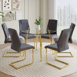 English Elm A Modern Minimalist Style Round Transparent Tempered Glass Table With Gold Metal Legs, Paired With 6 Modern Pu Leather High-Back Dining Chairs Bring A Luxurious Experience.