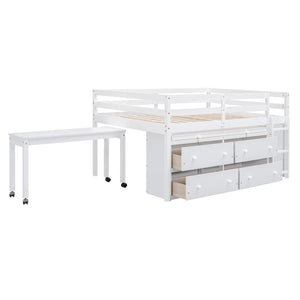 English Elm Full Size Kids Loft Bed Pinewood Frame Dual Study Desks Drawers and Open Shelving White LT000369AAK
