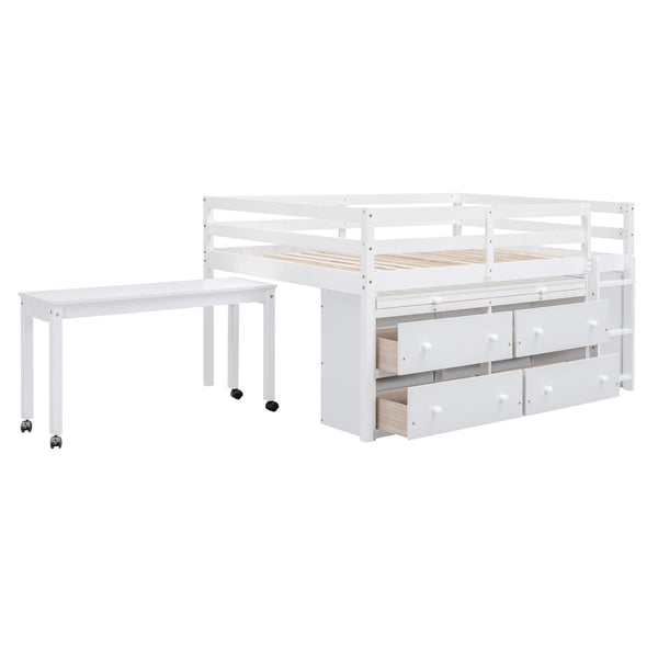 English Elm Full Size Kids Loft Bed Pinewood Frame Dual Study Desks Drawers and Open Shelving White LT000369AAK