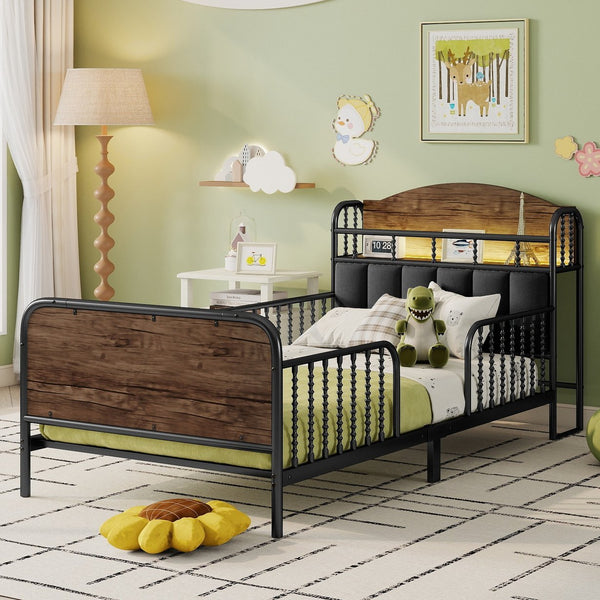 English Elm Twin Solid Wood Platform Bed with Guardrail for Kids, Low-Profile Sturdy Pine Frame, Safe Sleep Solution Black 43.7 L x 16.93 W x 9.65 H W2593P337436