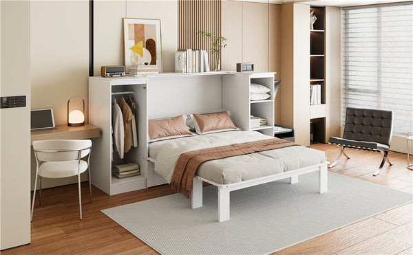 English Elm Twin Murphy Bed with Wardrobe and 3 Shelves, White Space-Saving Wall Bed for Guests, Twin Size 90" GX000733AAK