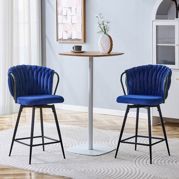 English Elm Set of 2 Velvet Counter Stools Woven Rope Backrest Padded Seat for Kitchen Island W3875P388493