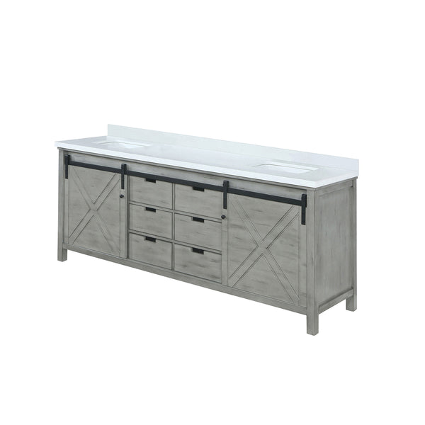 English Elm Ash Grey Double Bath Vanity 80 in W x 22 in D with White Quartz Top, Soft-Close Drawers & Ample Storage B2731P261003