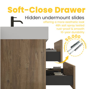 English Elm Grace 60" Bathroom Vanity Wall-Mounted Floating Mid-Century Modern Walnut Grille, Quiet Soft-Close Drawers and One-Piece White Basin (ECO) Oak W1865S00160