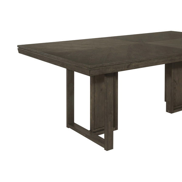 English Elm Glenmoor Dark Grey Rectangular Dining Table with Geometric Double Pedestal Base Rustic Edge Top B062P358240