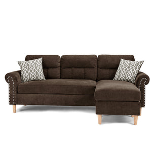 English Elm Reversible Tufted Velvet Sectional Sofa with Reversible Chaise, Nailhead Trim and Accent Pillows Tan 34 L x 88 W x 23 H B089P389527