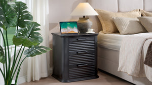 English Elm 22" Fluted Wood Nightstand with Built-in Charging Station Three Drawer Bedside Storage Black Woodgrain T5326P431147