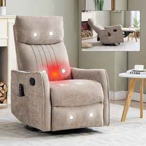 English Elm Beige Fabric Swivel Rocker Recliner with Massage Nodes and Lumbar Heat for Living Room Khaki W1803P363422