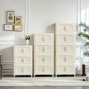 English Elm Cream White 5-Tier Folding Storage Cabinet With Magnetic Door & Wheels – Versatile Space-Saving Solution W2873P239386