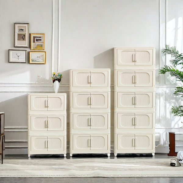English Elm Cream White 5-Tier Folding Storage Cabinet With Magnetic Door & Wheels – Versatile Space-Saving Solution W2873P239386