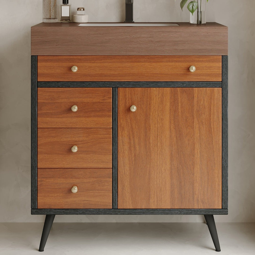 English Elm 29.9" Floating Bathroom Vanity Sintered Stone Top Soft Close Drawers Bronze Gold Hardware Brown,Walnut,White W3136S00045
