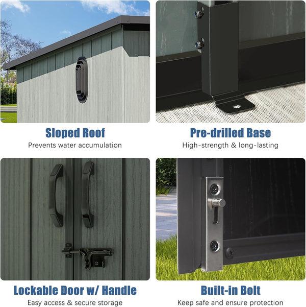 English Elm 6x11ft Outdoor Resin Shed Lockable Doors Skylight Vents Rust Proof Backyard Storage W1859S00175