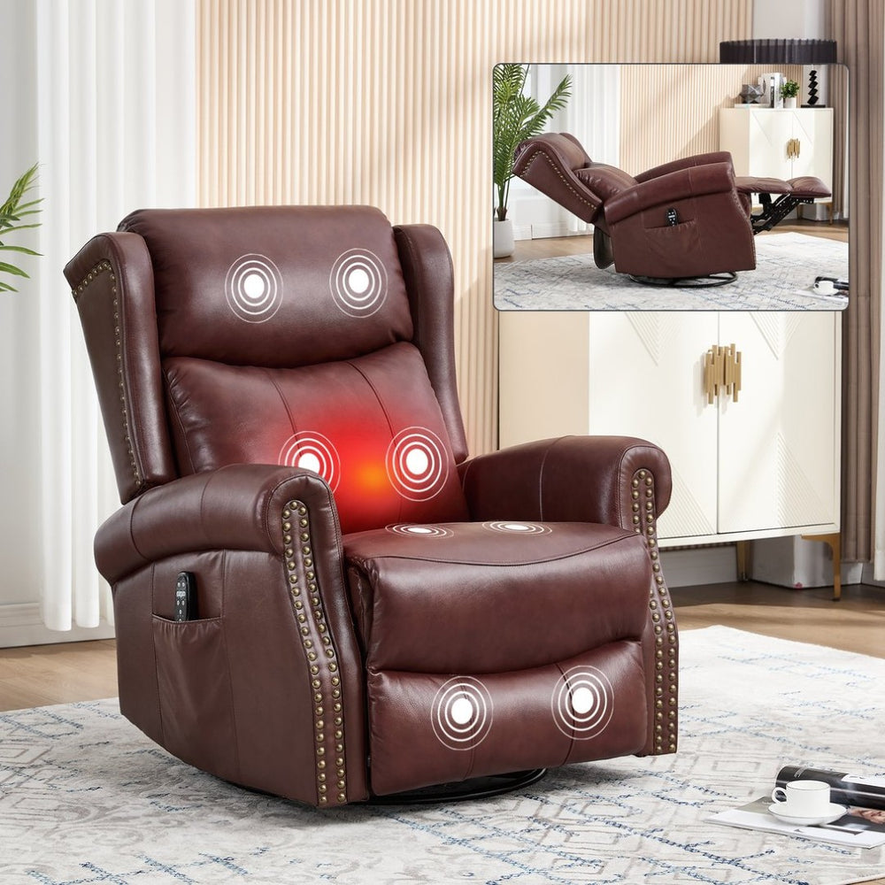 English Elm Heat Massage Rocker Swivel Recliner Genuine Leather Chair with Lumbar Vibration Nodes W3224S00014