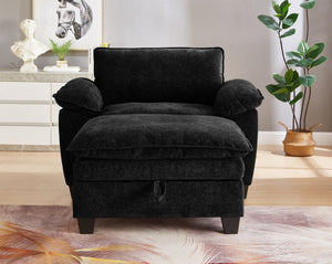 English Elm 51" Oversize Chaise Lounge Chair with Ottoman and Hidden Storage Upholstered in Soft Chenille Comfort Black W1097S00151