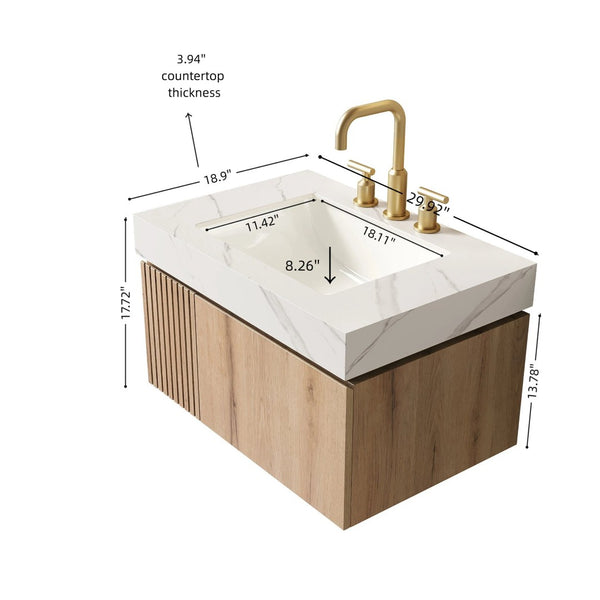 English Elm Muri Floating Bathroom Vanity Plywood Cabinet Sintered Stone Top Oak Woodgrain W2615S00633