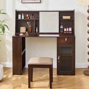 English Elm Elegant Walnut Makeup Vanity with Sliding 3-Color LED Mirror, Large Shelves, Fluted Drawer & Cabinet N844P257533W