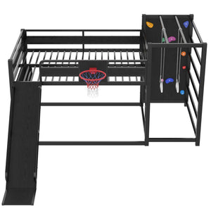 English Elm Twin Metal Loft Bed with Slide Basketball Hoop Climbing Wall and Built-in Shelves W1580S00343