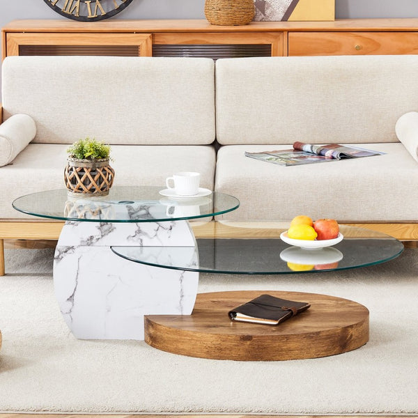 English Elm Contemporary Dual Tier Oval Glass Coffee Table with Marble and Wood Tone Base W1151P233589