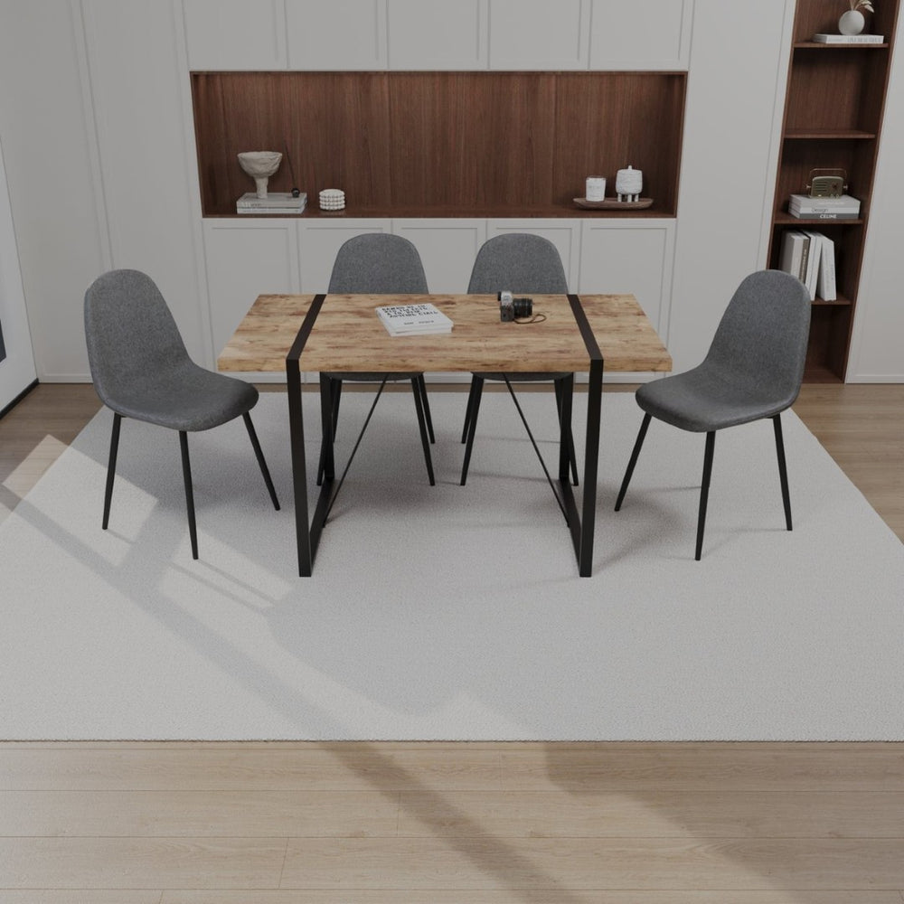 English Elm 55" Dark Wood Mdf Dining Table Set with Four Suede Chairs Matte Black Metal Base W2189S00936