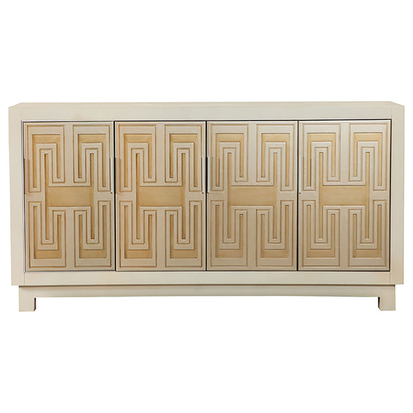 English Elm Wanda Art Deco White Gold Accent Cabinet with Greek Key Doors, Elegant Silver Trim Storage 60" wide B062P353468
