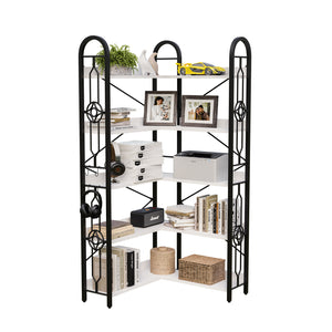 English Elm 5 Tier Corner Bookshelf - Modern 5-Shelf Open Bookcase, Anti-Tilt Steel Frame, Adjustable Feet, Versatile Storage Rack for Living Room Bedroom Office W3062P289212