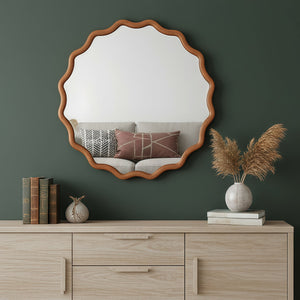 English Elm Yellowish 36in Wavy Round Solid Wood Frame Mirror, Tempered Glass, Rustic Boho Decor for Home W2203P389086