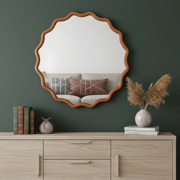 English Elm Yellowish 36in Wavy Round Solid Wood Frame Mirror, Tempered Glass, Rustic Boho Decor for Home W2203P389086
