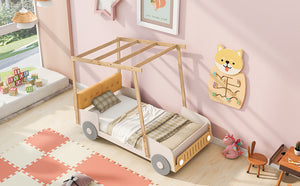 English Elm Wood Twin Car Bed with Pillow, Ceiling Canopy & LED Night Lights, Solid Pine Frame, Fun Kids Ride Bed - Twin Size, Natural Finish WF309288AAM