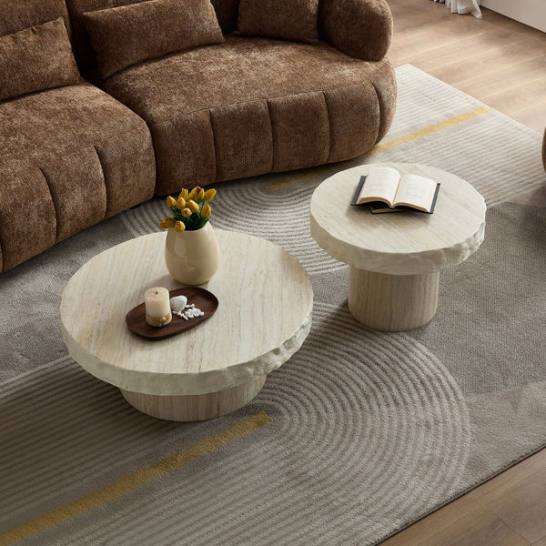 English Elm 31.69 Inch Round Fiberglass Coffee Table Sculptural Stone Finish for Modern Living Room W876P450501