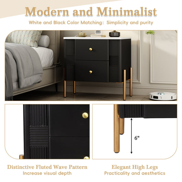 English Elm Christopher Knight Home® - Modern Fluted Nightstand with Two Drawers and Gold Legs, Sleek Textured Bedside Table for Stylish Storage and Easy Cleaning Black 23 L x 18 W x 18 H N761P285710B