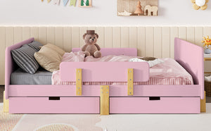 English Elm Twin Low Profile Kids Floor Bed Pine Wood Frame with Safety Rail and Built in Bookshelf Pink W1580P373245