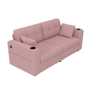 English Elm Sofas for Living Room Chenille Three Seat Couch with Usb Charging Storage and Cup Holder Pink W395S00147