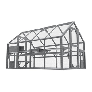 English Elm Cat, Cat Outdoor Wooden Enclosure with Seven Platforms Resting Boxes and Waterproof Canopy W1598S00040