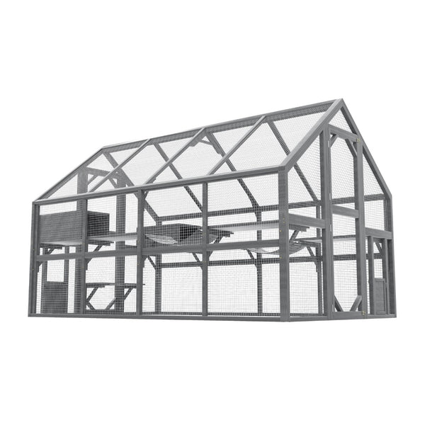 English Elm Cat, Cat Outdoor Wooden Enclosure with Seven Platforms Resting Boxes and Waterproof Canopy W1598S00040