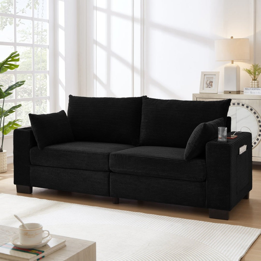 English Elm 78"corduroy Plush Three Seat Sofa with Usb Ports Cup Holders Deep Cushions Apartment Black W3705P455916