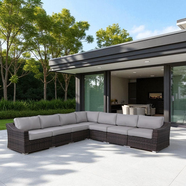 English Elm Fully Assembled 7-Piece Rattan Outdoor Sectional Set With Cushions - Stylish, Durable & Modular Design B120S00184