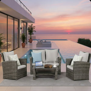 English Elm 4-piece Outdoor Wicker Conversation Set with Tempered Glass Table and Resort Style Grey+Brown B082S00059