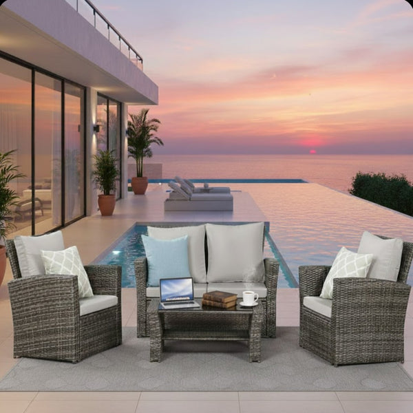 English Elm 4-piece Outdoor Wicker Conversation Set with Tempered Glass Table and Resort Style Grey+Brown B082S00059