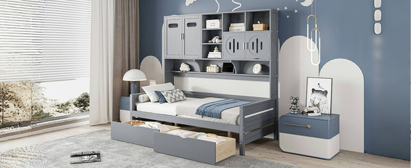 English Elm Twin Size Wooden Daybed With Storage Drawers, Sleek Gray Finish, Cabinet & Shelf For Space-Saving Use N820S00015E-GIGA