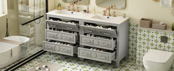 English Elm 60'' Freestanding Bathroom Vanity Set With Ceramic Sink, Gray Wood Frame & 3 Soft-Close Drawers N710SS00003E